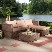 Baxton Studio MLM-210516-Brown Addison Modern and Contemporary Light Brown Upholstered and Brown Finished 3-Piece Woven Rattan Outdoor Patio Set with Adjustable Recliner